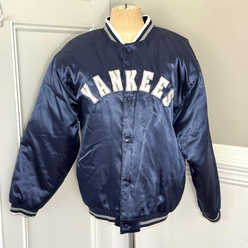 MLB NY YANKEES Bomber Jacket Blue Satin Mighty Mac Sports Youth L